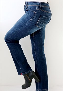 Y2k Vintage Jeans Dark Blue Pinstriped Slim Denim Trousers