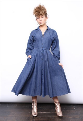 VINTAGE 90S BLUE DENIM LONG SLEEVE MIDI DRESS