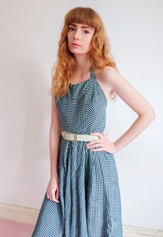 VINTAGE 50S BLUE PLAID HALTER NECK DRESS