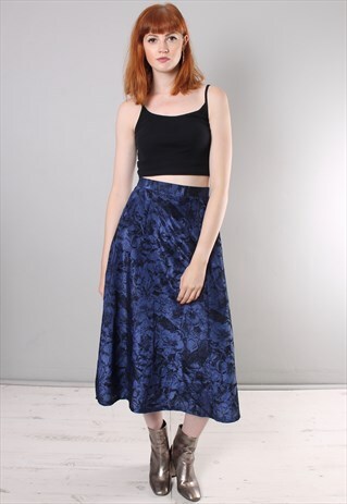 VINTAGE 80S SATIN VELVET FLORAL PATTERNED MIDI SKIRT