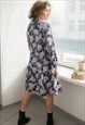 VINTAGE 60'S NAVY/WHITE PATTERNED FLORAL MIDI DRESS