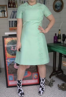 Vintage 60s Mint Green Monochrome Mod Gogo Lacey Mini Dress