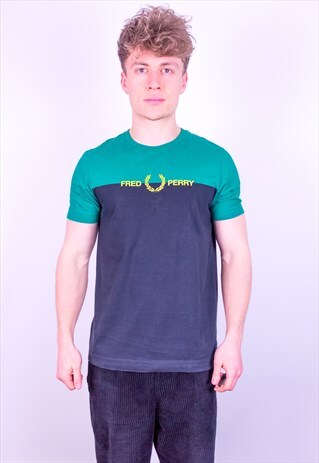 VINTAGE FRED PERRY SPELL OUT T-SHIRT IN GREEN & BLUE