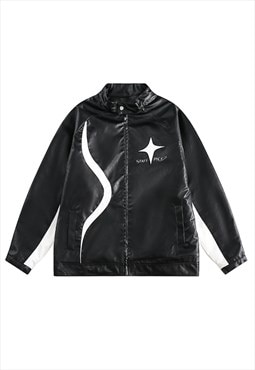 Utility varsity jacket faux leather grunge bomber in black