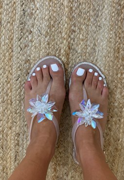 Neutral Jelly Thong Sandals with Crystal Flower