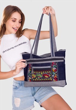Designer Tote Shopping Bag Shoulder Purse Embroidered Zipper