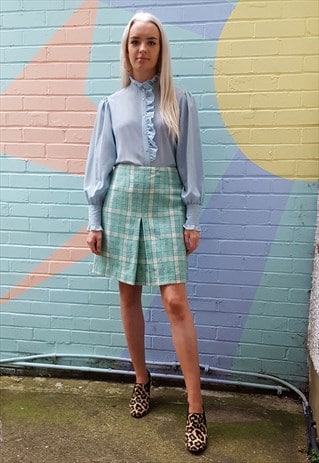 SKIRT, VINTAGE 70S, GREEN & CREAM CHECK PLEATED WOOL