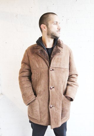 VINTAGE 80'S MENS SUEDE SHEEPSKIN SHEARLING WINTER COAT