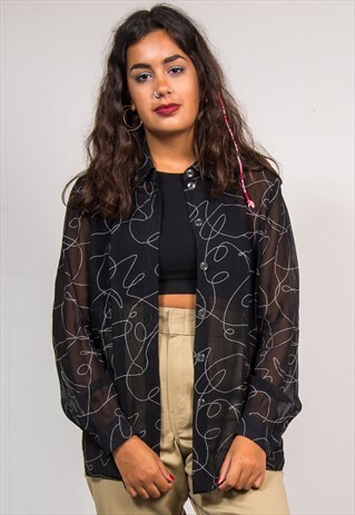 90'S VINTAGE BLACK WAVEY PATTERN SHEER BLOUSE SHIRT