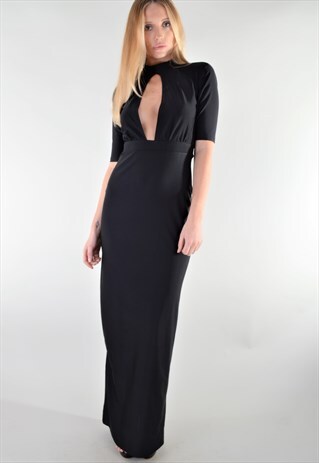 BLACK SLIT FRONT MAXI DRESS WITH SHORT SLEEVES HALLOWEEN