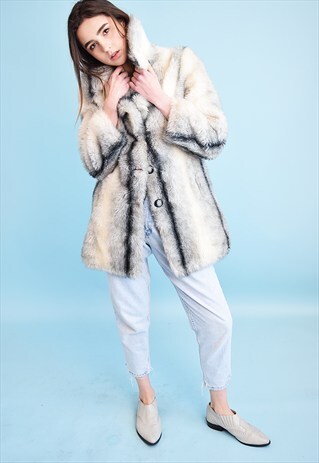 VINTAGE 80'S RETRO OVERSIZED STRIPE FAUX FUR WARM COAT