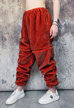 Luxury faux fur joggers detachable fleece trousers in red