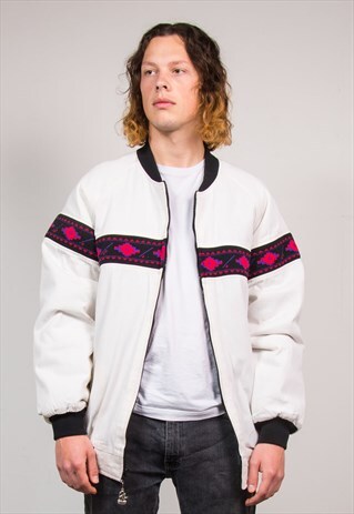 90'S VINTAGE WHITE AZTEC PATTERN BLANKET LINED JACKET