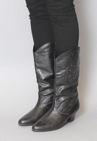 VINTAGE 1970'S BLACK LEATHER WESTERN HEELED BOOTS