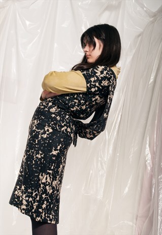 60S VINTAGE LEAF PRINTED EVENING DRESS