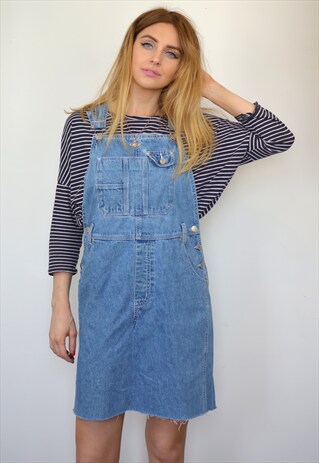 VINTAGE 90S DENIM BLUE MINI DUNGAREES DRESS