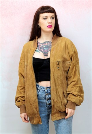 1980S VINTAGE TAN REAL SUEDE BOMBER JACKET