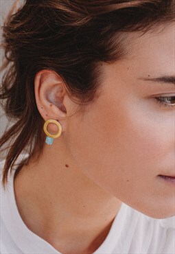 Circle Stud Gold Earrings Gem Turquoise Aqua Chalcedony
