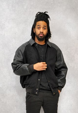 BLACK LEATHER AND WOOL BOMBER JACKET