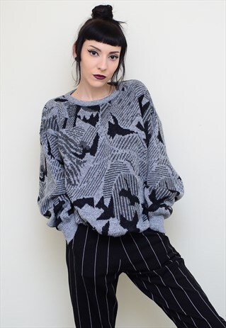 VINTAGE 90'S GREY BLACK ABSTRACT PATTERNED SLOUCHY JUMPER