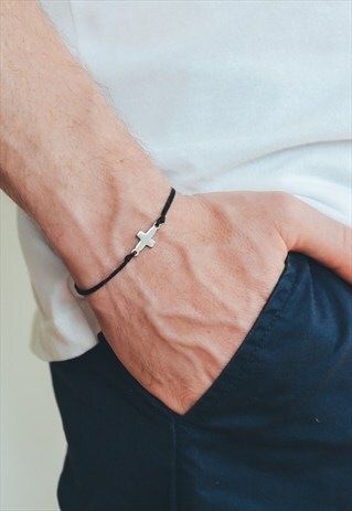 CROSS BRACELET FOR MEN, STAINLESS STEEL, BLACK, ADJASTABLE