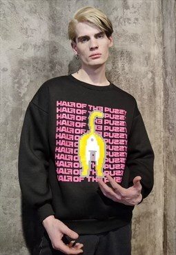 Cat print sweatshirt pussy slogan jumper rude top in black