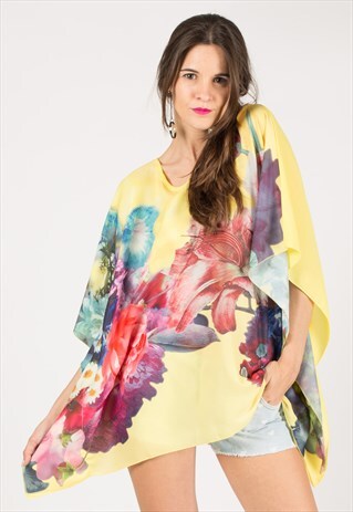 OVERSIZED KAFTAN STYLE TOP WITH FLORAL PRINT IN YELLOW