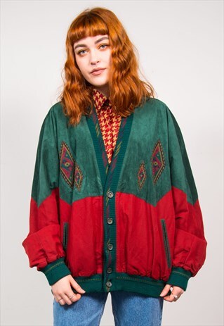 VINTAGE 90'S GREEN & RED FAUX SUEDE OVERSIZED BOMBER JACKET