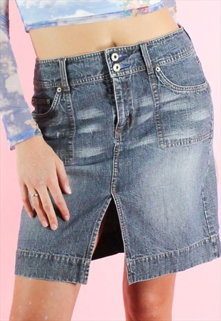 VINTAGE 90S DENIM SKIRT MINI Y2K DARK BLUE WASHED OUT