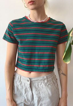 Vintage 00's Y2K Summer Green Striped Cropped Baby Tee Top