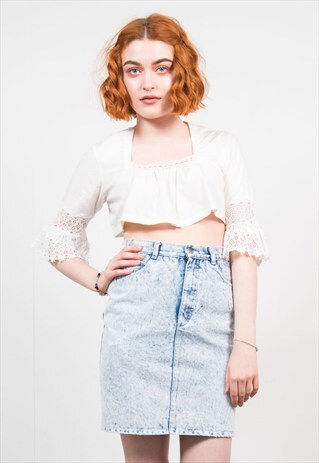 VINTAGE 70'S BOHO HIPPIE CROCHET DETAIL WHITE CROP TOP