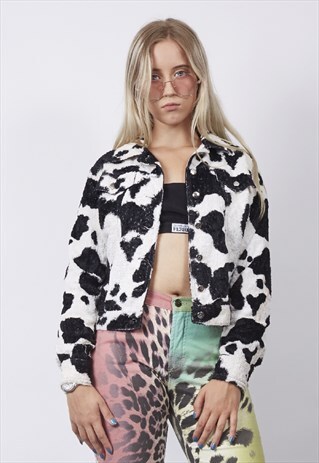 VINTAGE 90'S CROP WESTERN COW PRINT FAUX FUR JACKET