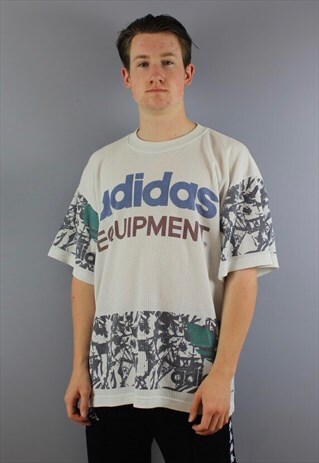 VINTAGE ADIDAS EQUIPMENT WAFFLE KNIT T-SHIRT IN WHITE WITH M