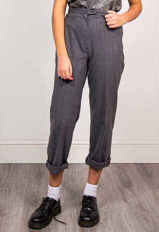 VINTAGE 90'S GREY FINE STRIPE HIGH WAIST TAPERED TROUSERS