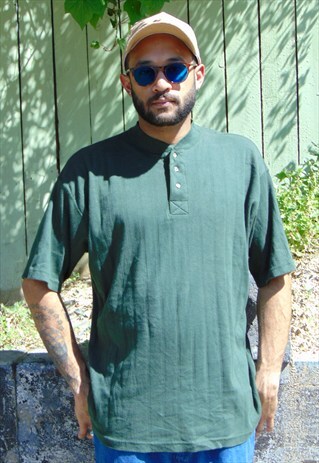 90S CLASSIC SHORT SLEEVE GREEN RIBBED HENLEY SHIRT XL