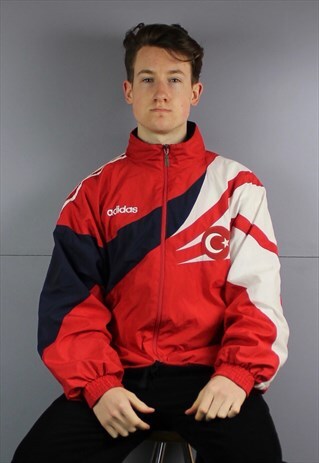 VINTAGE ADIDAS TURKEY WINDBREAKER JACKET IN RED WITH ZIP POC