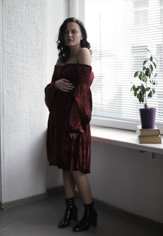 VINTAGE 70'S BROWN VELVET OFF SHOULDER MINI DRESS