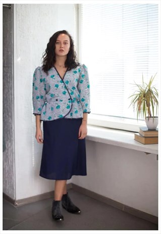 VINTAGE 80'S MIDI PATTERNED TOP SHORT SLEEVED DRESS IN BLUE