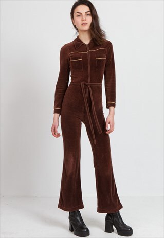 VINTAGE BROWN LONG SLEEVE VELVET PLAYSUIT JUMPSUIT