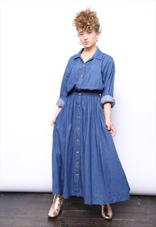 VINTAGE 90S BLUE DENIM LONG SLEEVE MIDI DRESS