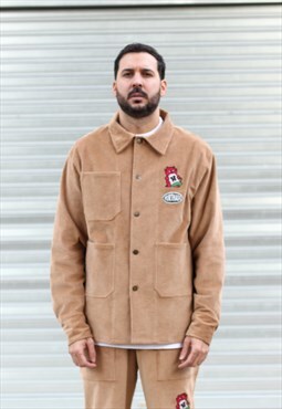 Handmade Corduroy Jacket in Beige Embroidered Design
