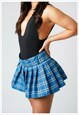 BLUE TARTAN CHECK PLEATED HIGH WAIST PLAID MINI CASUAL SKIRT