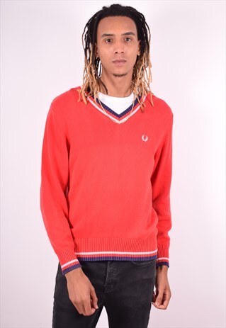 FRED PERRY MENS VINTAGE JUMPER SWEATER MEDIUM RED 90S