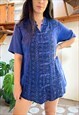 VINTAGE 90'S BLUE HIPPIE EMBROIDERED LOOSE TOP - M/L