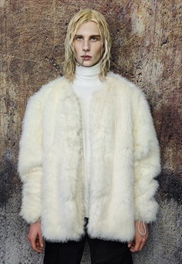 Collarless faux fur coat luxury fleece jacket catwalk bomber