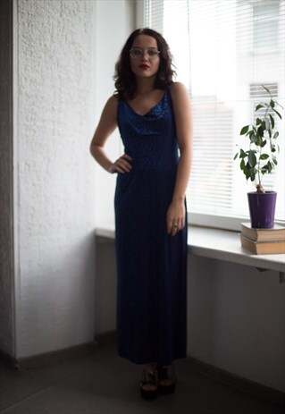 VINTAGE 80'S MAXI BLUE PATTERNED VELVET DRESS