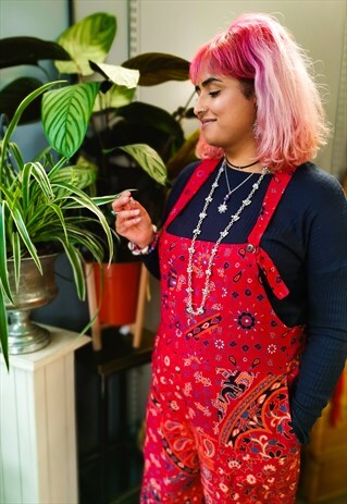 FAIRTRADE RED BLOCK PRINT DUNGAREES / OVERALLS - TALL FIT