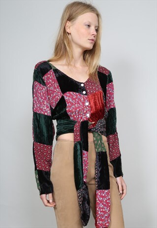 VINTAGE 90'S VELVET/ CREPE PATCHWORK CROPPED TIE FRONT BLOUS