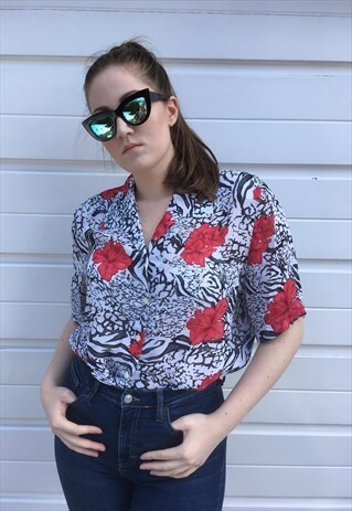 WOMENS VINTAGE 80S BLOUSE ZEBRA PRINT TOP FLORAL SHIRT