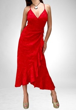 Vintage Red Satin Jacquard Wrap Around Tie Dress